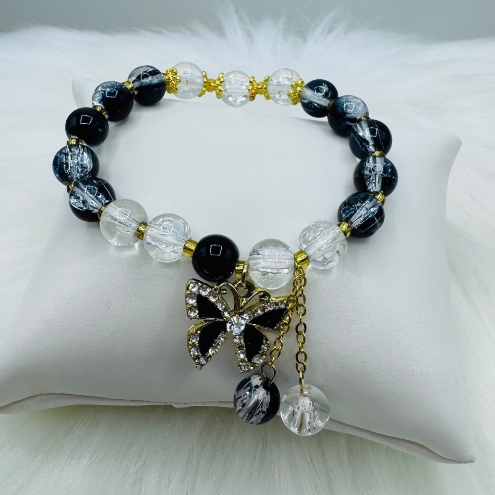Gradient Black Beaded w/ Sparkly Bow Charm Bracelet - Small wrists